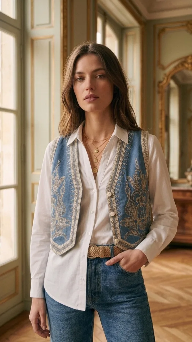 Chaleco Bohemia Bordado Jean - Camel · chalecos de mujer · Vitreaux Boutique