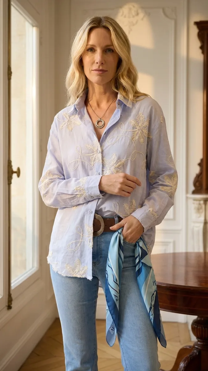 Camisa Flor Bordada - Celeste
